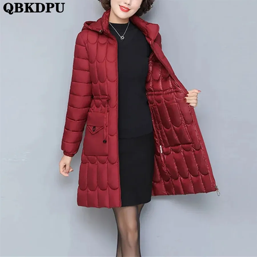 Winter Oversized 6XL Hooded Cotton Padded Slim Coat Mid-length Women Warm Thick Overcoat Basic Solid Outwear Snow Wear Parkas