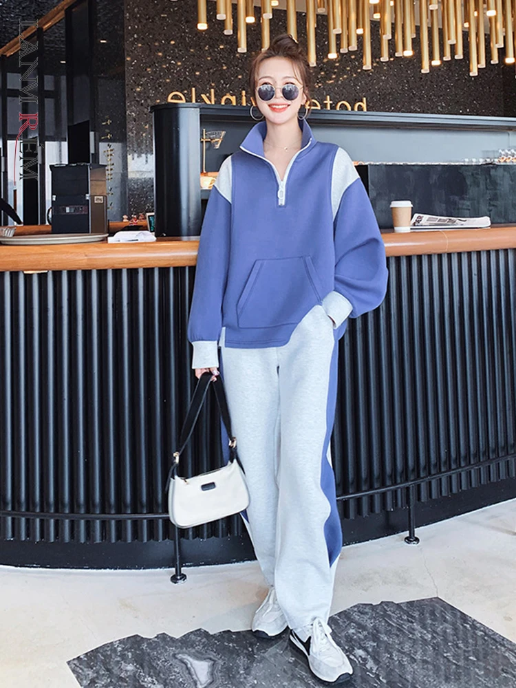

LANMREM Contrast Color Zipper Sweatshirt With Loose Casual Pants 2 Pieces Set For Women Sprots Clothing 2022 Autumn New 2R4356