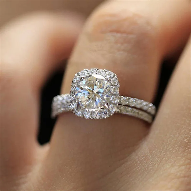 

Classic Square Silver Color Women Ring with Round Princess Cut AAA Clear Cubic Zirconia Wedding Anniversary Present Hot Jewelry
