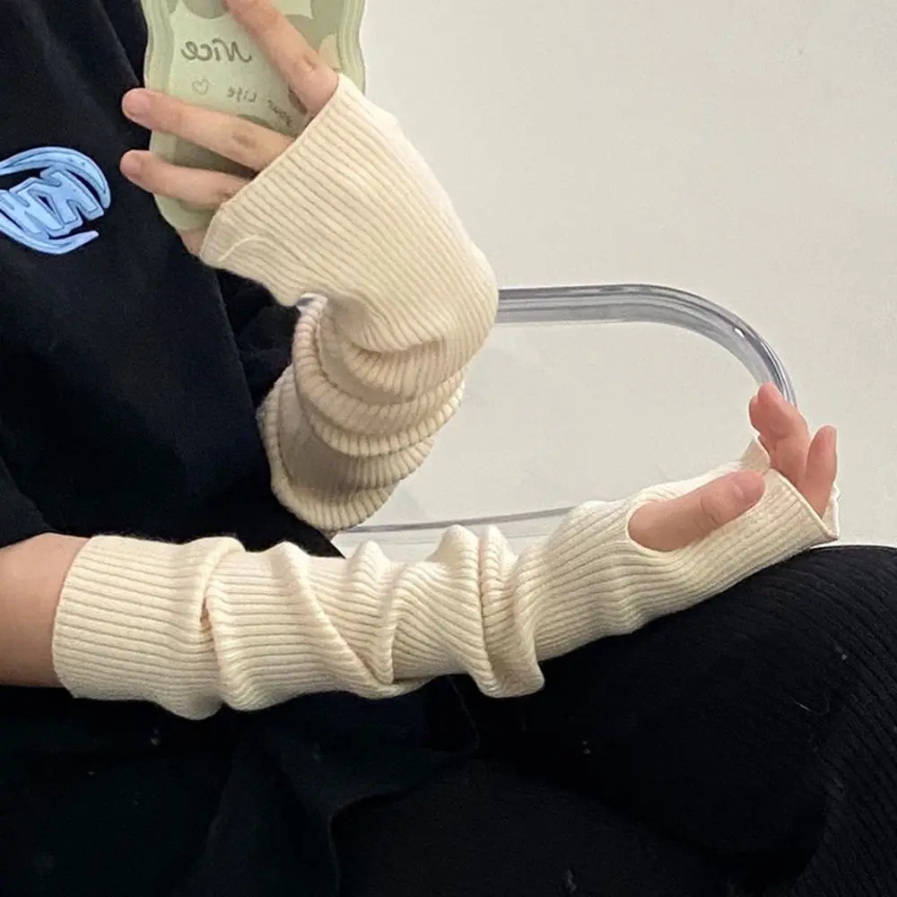 

1Pair Women Elegant Long Knitted Fingerless Gloves Simple Pure Color Knitted Arm Warmers Casual Hand Sleeve