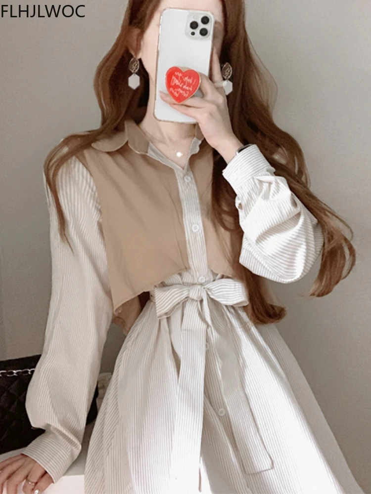 

Chic Korea Feminine Vestidos 2022 Stripe Faux 2 Piece Design New Colorblock Bow Tie Shirt Dress 2-508