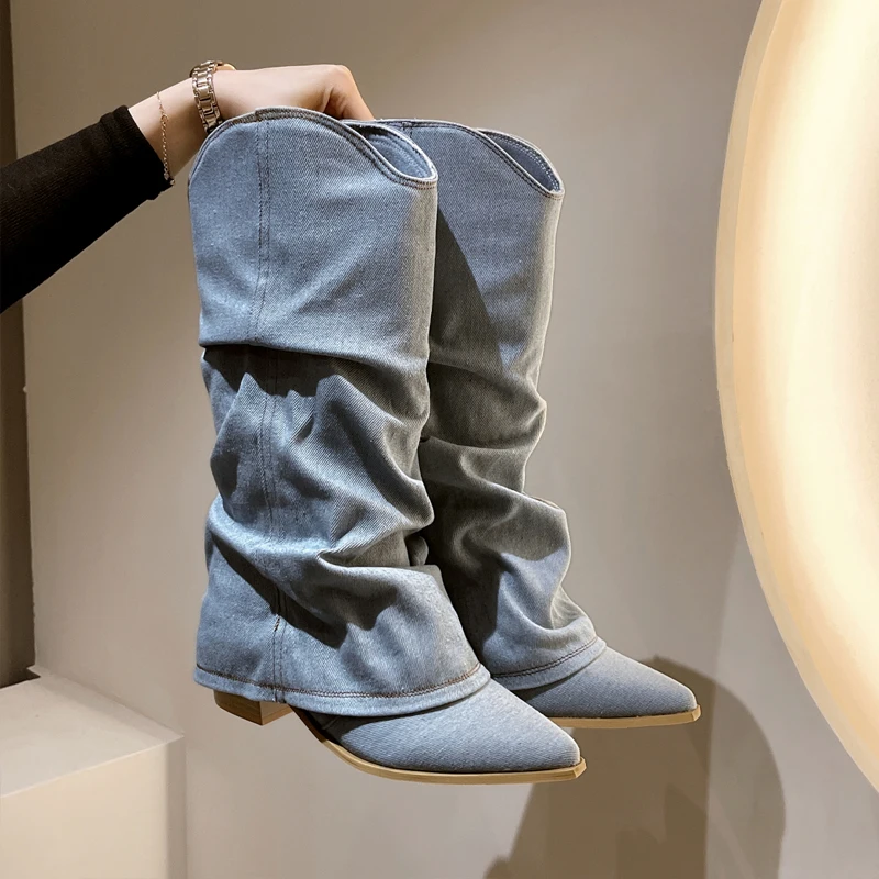 

Brand Design Blue Denim Long Boots Woman Mid Heeled Knee High Botas Ladies Stylish Pointed Toe Cowboy Jeans Shoes Plus Size