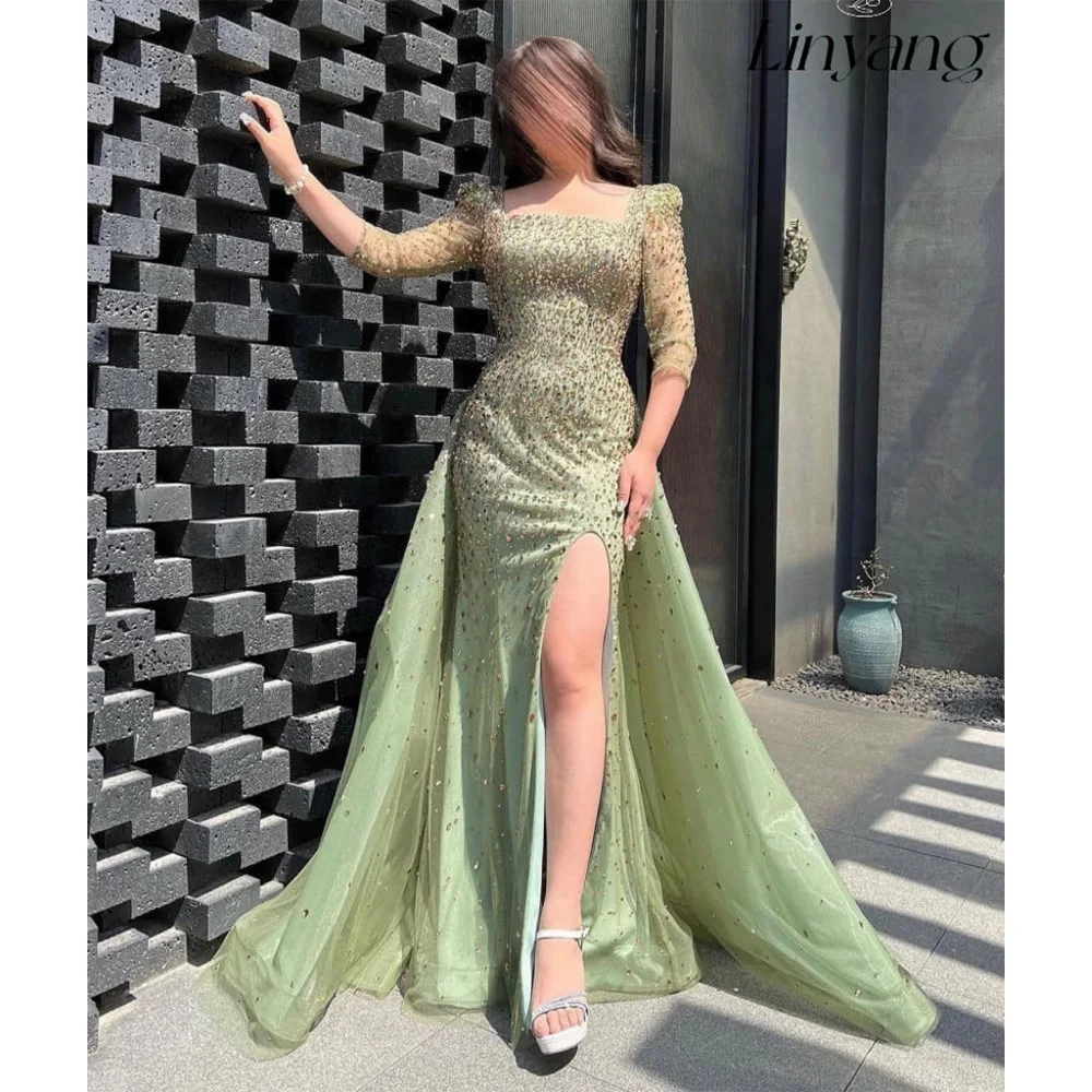 

Linyang Green Gauze Square Neck Slit Waisted Sequinned Elegant Formal Evening Prom Bridesmaid Party Long Dress for Women 2023