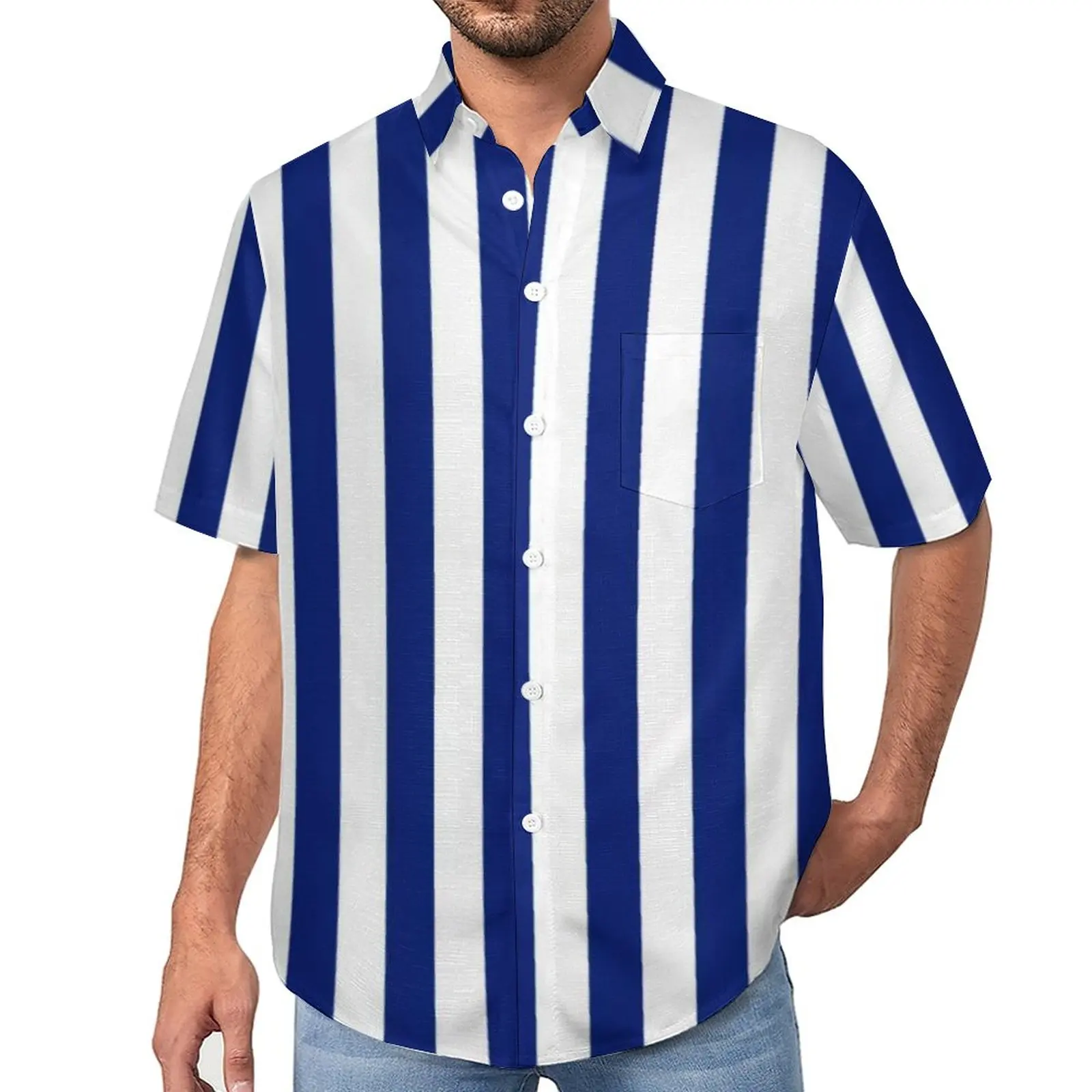 

Nautical Design Loose Shirt Vacation Vertical Navy Stripes Casual Shirts Hawaiian Print Short-Sleeve Stylish Oversize Blouses