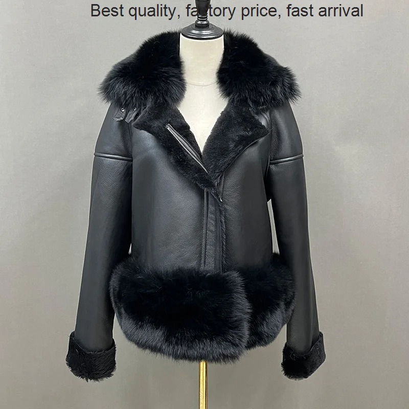 

High quality luxury brand Shearing Sheepskin Leather Jackets Lady Short Coat Real Fox Collar Cuffs Fur Lining 2023 New Winter Wa