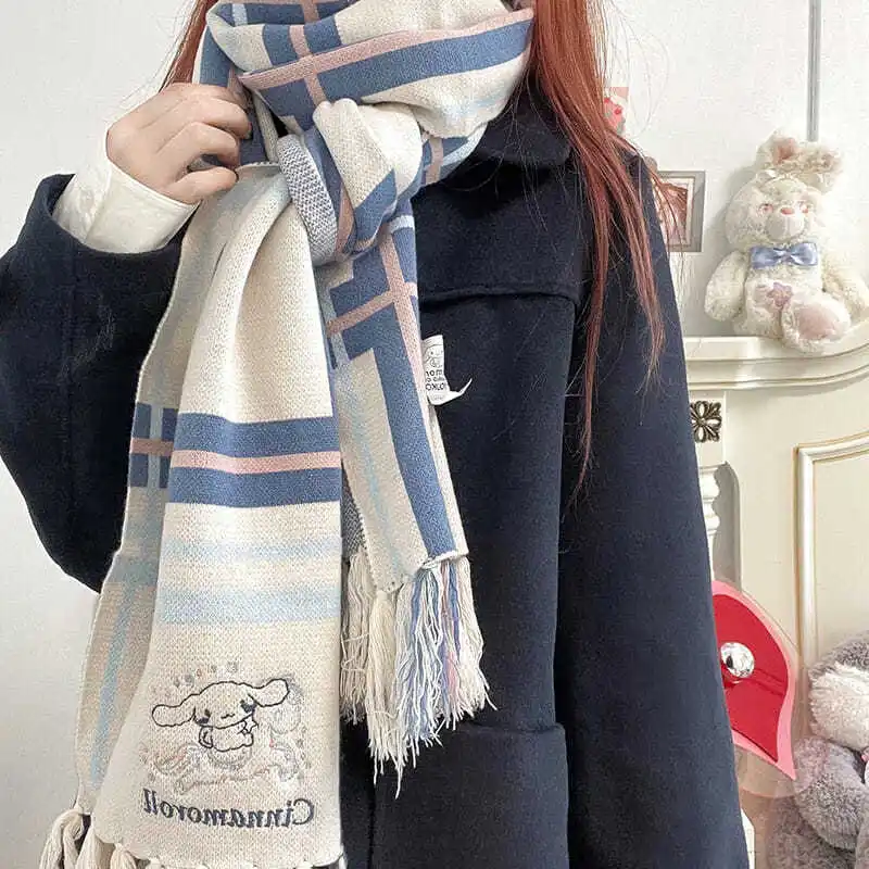 

Kawaii Sanrios Scarf Cartoon Cute Kuromi My Melody Cinnamoroll Pompom Purin Winter Thickened Warm Windproof Scarf Plush Toy Gift