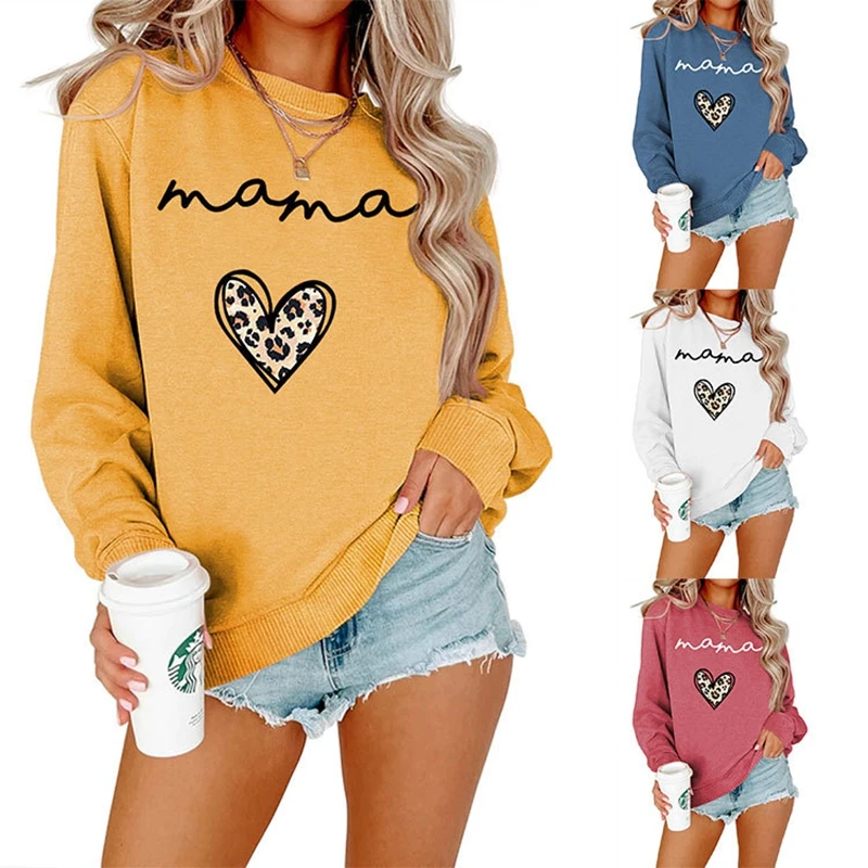 New cotton winter MAMA leopard print heart print large size casual simple retro round neck long sleeve hoodie