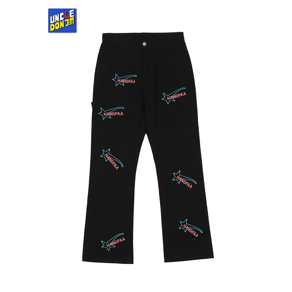 

Джинсы UNCLEDONJM мужские с вышивкой текста, потертые байкерские джинсы, дизайнерские брюки-клеш для мужчин, уличная одежда