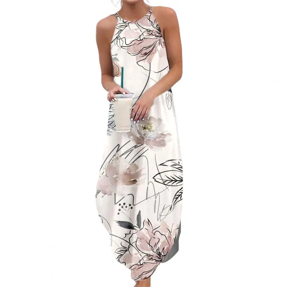 

Summer Women O-Neck Hollow Out Long Party Dress Colorful Floral Print Sundress Sleeveless O Neck Beach Dress Holiday Clothes