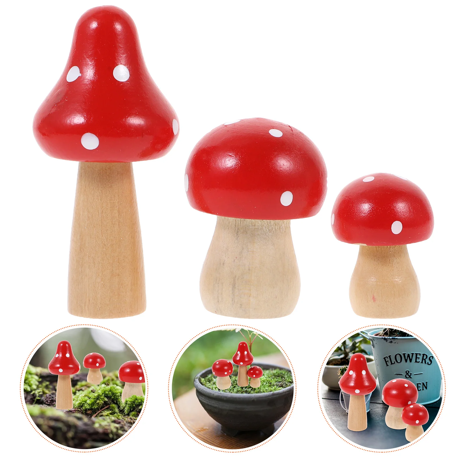 

3pcs Miniature Mushroom Figurines Wooden Toadstools Accessories Landscape Red