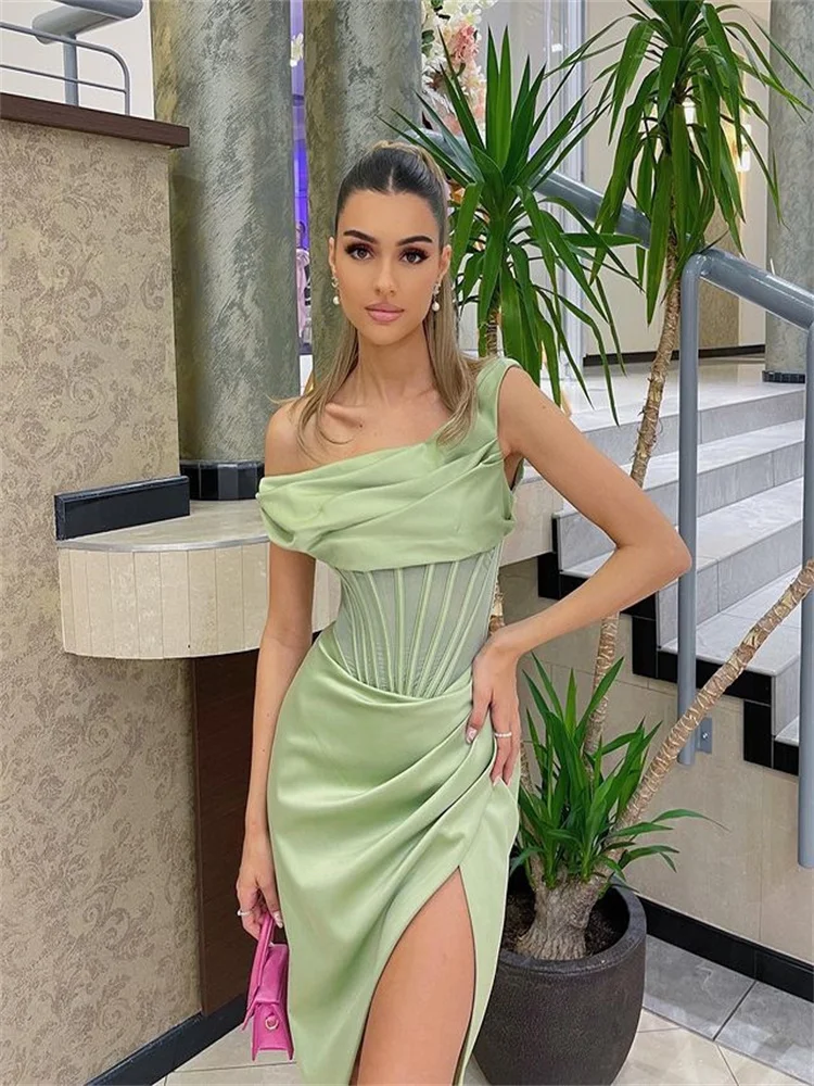 

Sylph Satin Women Dress One Shoulder Side Slit Party Dresses Zipper Patchwork Bodycon Sexy Vestidos Festival Clothing 2022 New