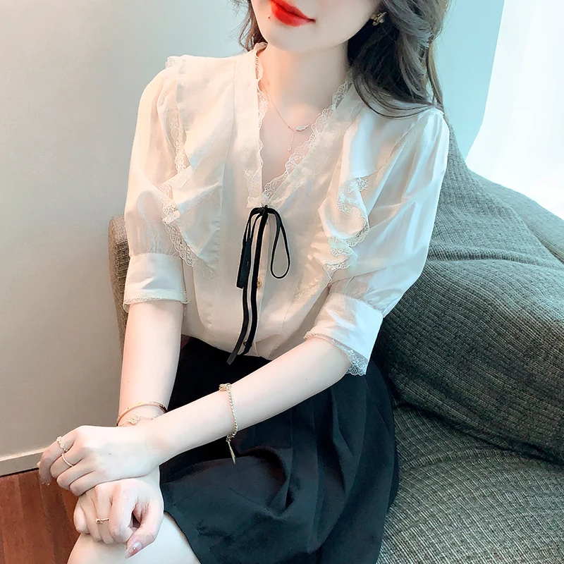 

Blusas Blouses Top Women Short Sleeve Shirts Bow V-Neck Chiffon Blouse Women Blusas Mujer De Moda 2022 Femme Lace Trim Shirts