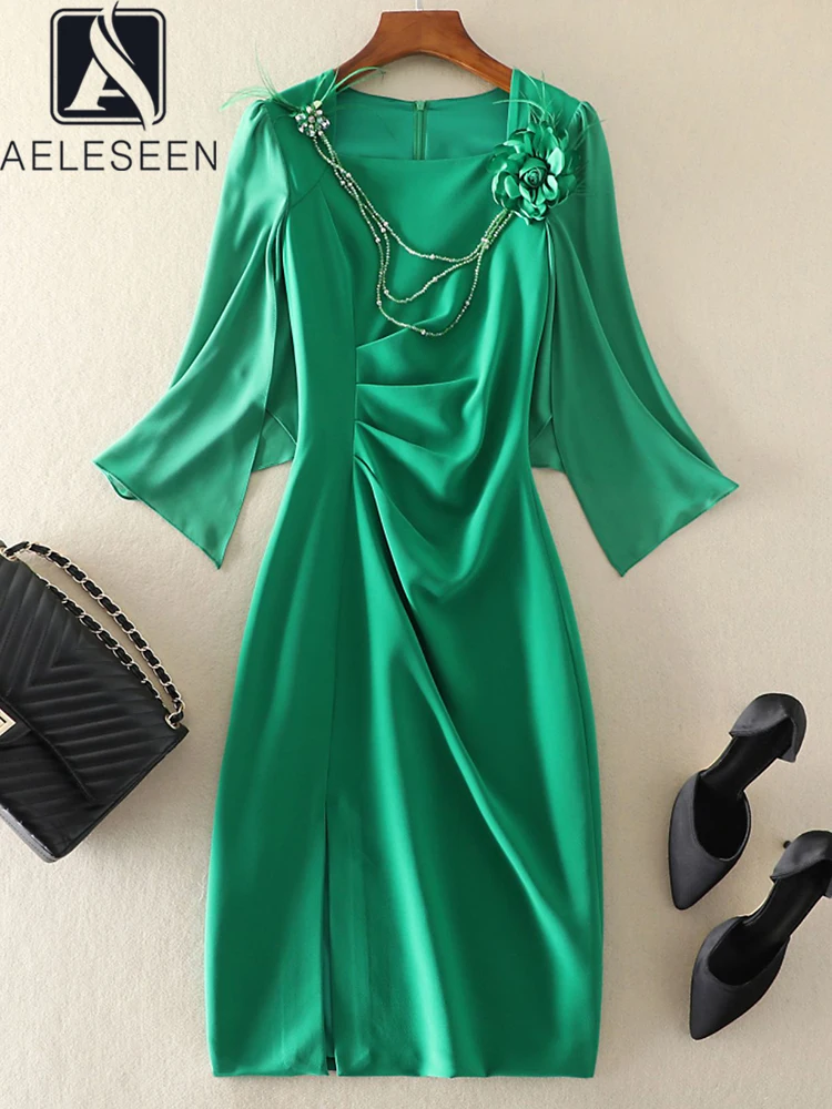 

AELESEEN Women Green Summer Dress Runway Fashion Flare Sleeve Luxury Drapped Beading 3D Appliques Feathers Splited Midi Party