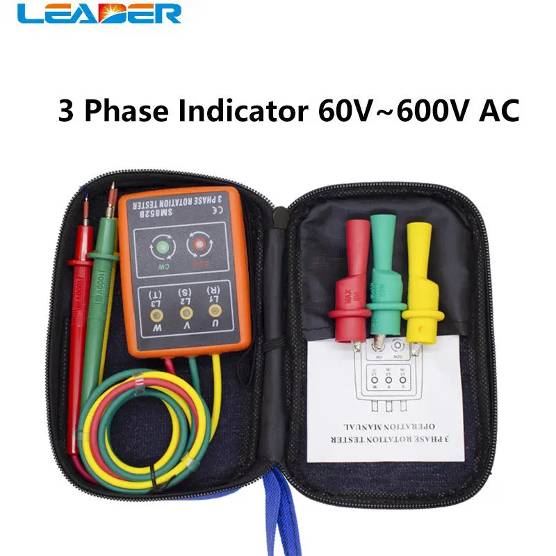 

SM852B 3 Phase Rotation Tester Digital Phase Indicator Detector LED Buzzer Phase Sequence Meter Voltage Tester 60V~600V AC