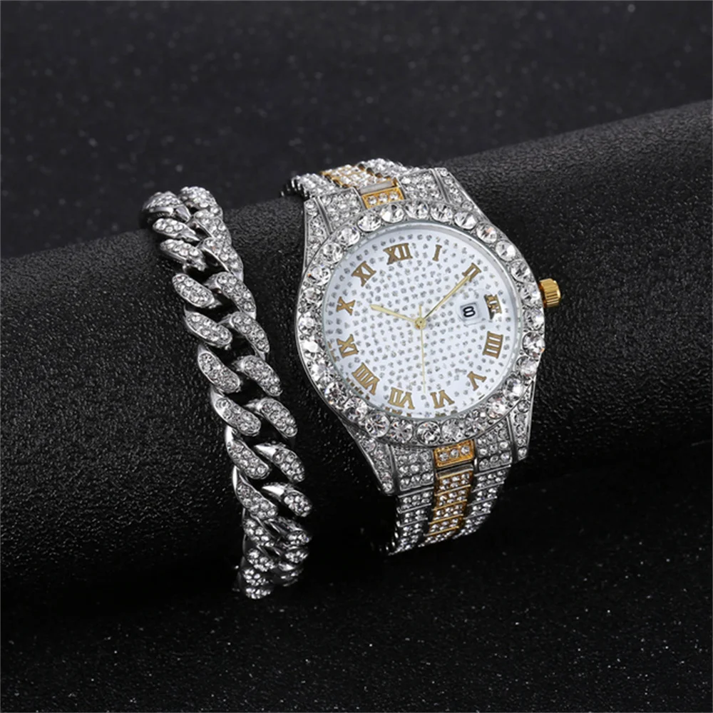 

QSCY Men'S Watch Punk Hip Hop Watch Set Diamond-Studded Bracelet Set Men'S Watch Set Men'S Watches
