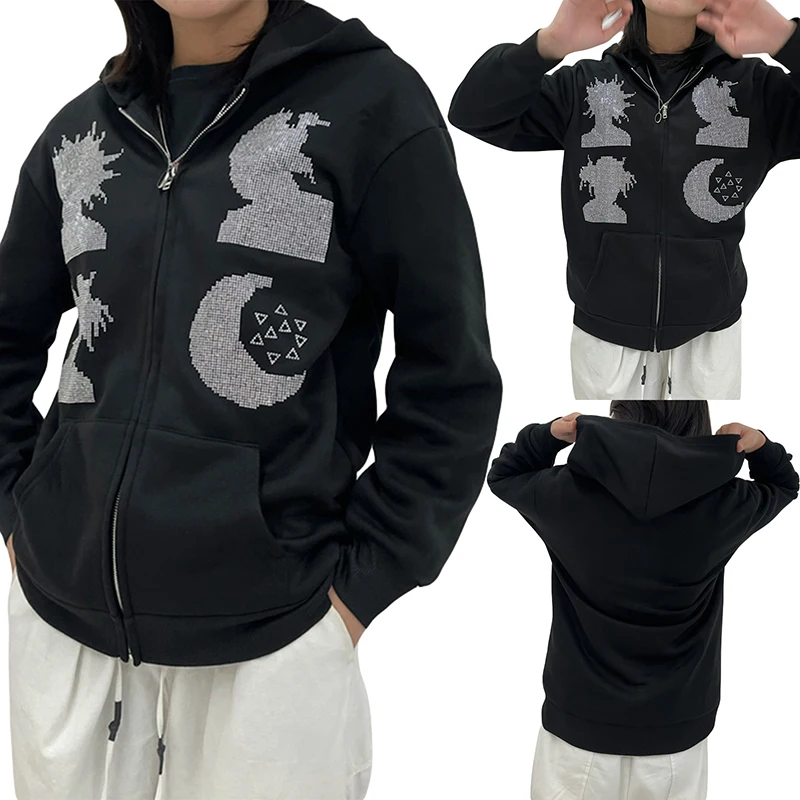 

Women Hooded Coat, Long Sleeve Rhinestone Moon Cartoon Figure Zipper Fall Spring Street Casual Coat