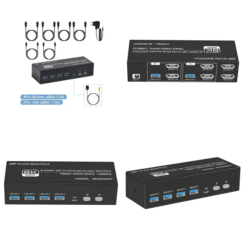 Фото 8K202DP Fjgear: Настраиваемый KVM-переключатель DisplayPort 8K (7680*4320/60Гц) с двумя экранами, 2 порта HD/USB DP №1