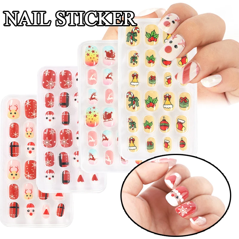 

24Pcs Children False Nail Decoration 3D Christmas Design Manicure Self Adhesive Acrylic Tips Full Cover Press On Nails