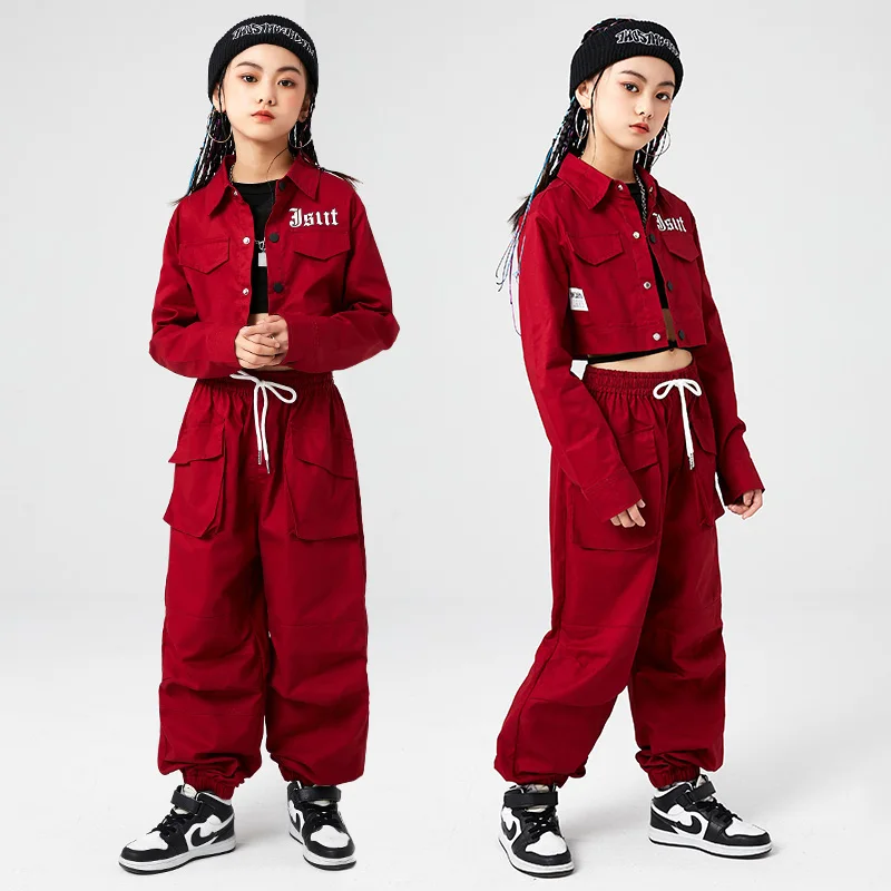 

Kids Kpop Hip Hop Outfits Crop Short Shirt Jacket Casual Wide Streetwear Cargo Jogger Pants For Girls Jazz Dance Costume Clothes