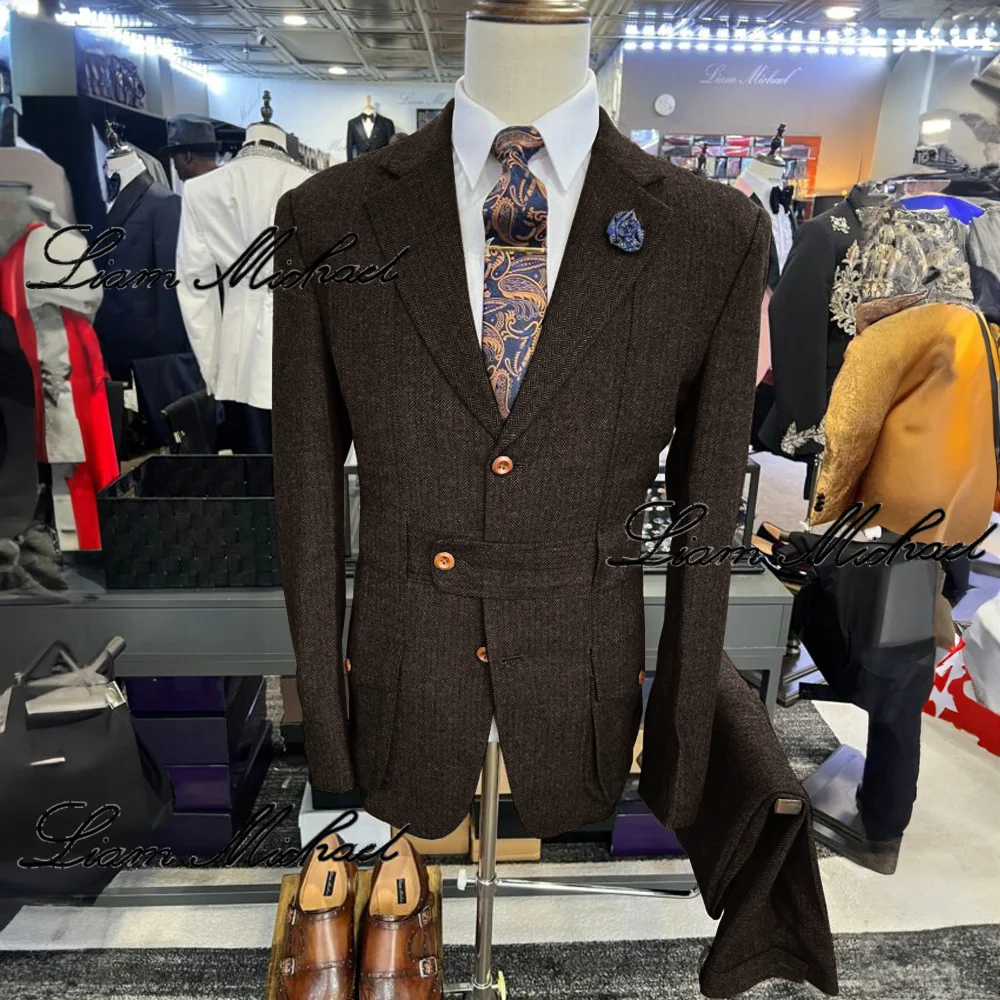 Мужской винтажный костюм из 2 предметов пиджак в елочку брюки деловая офисная