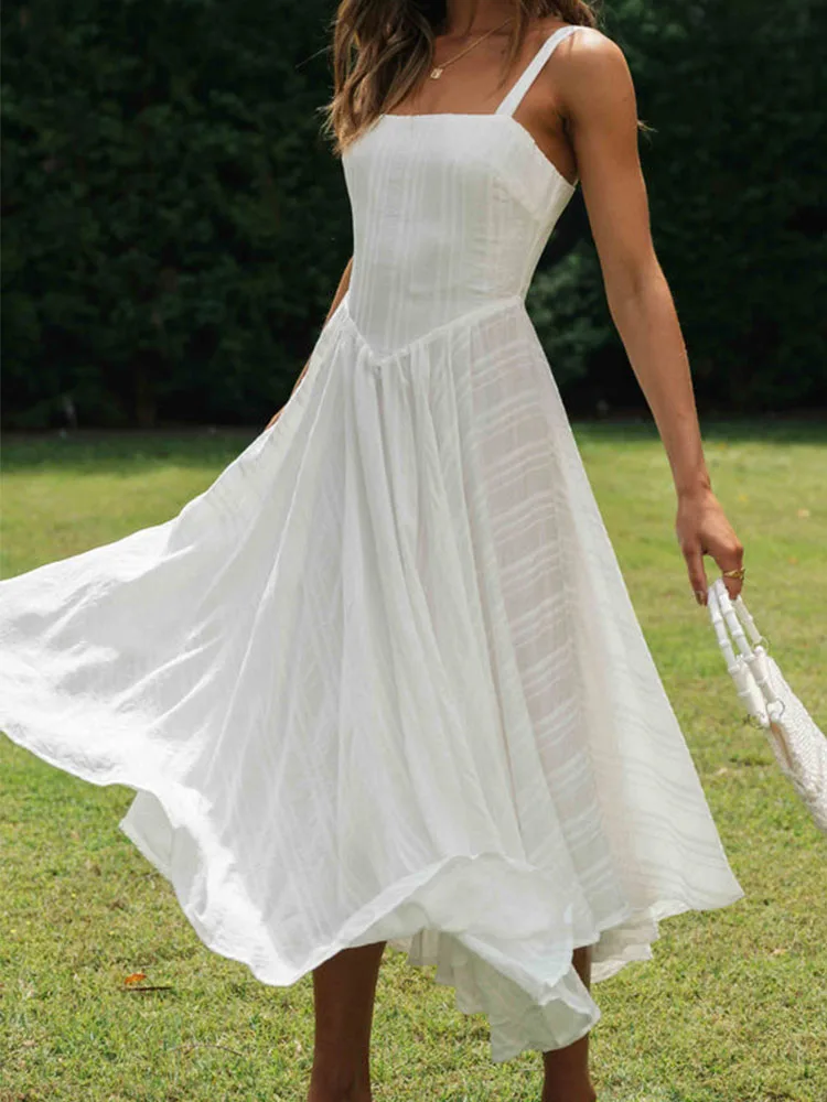 

Long Plus Size Wedding Party Dresses White Vintage Pleat Spaghetti Strap Modest Dress Sleeveless Sling Prom Sundress Woman Cloth