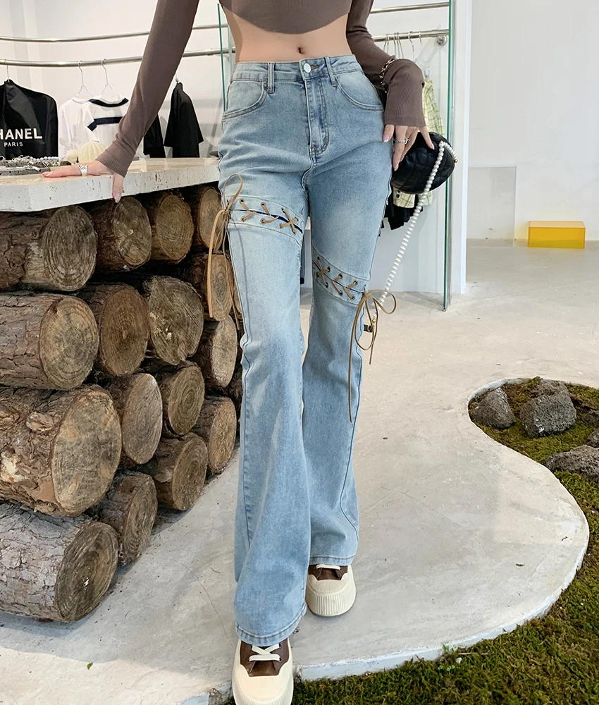 

2022 spring new women's clothing ins tide brand micro-horn jeans women's straight straps slim long pants summer