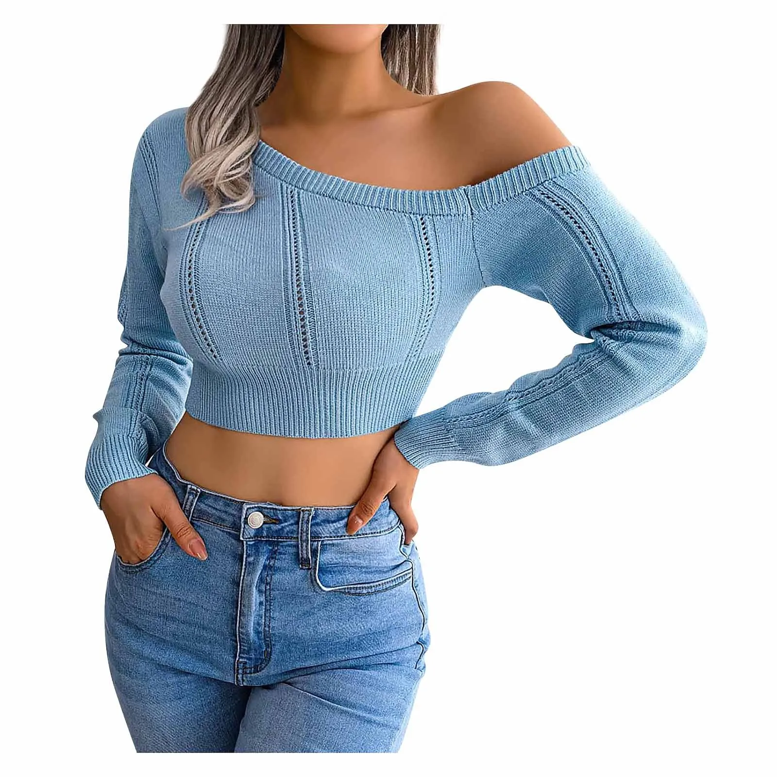

Autumn Winter Sweaters Pull Femme Fashion Casual Open-shoulder Long Sleeve Midriff Sweater Vintage Korean Women's Sweater