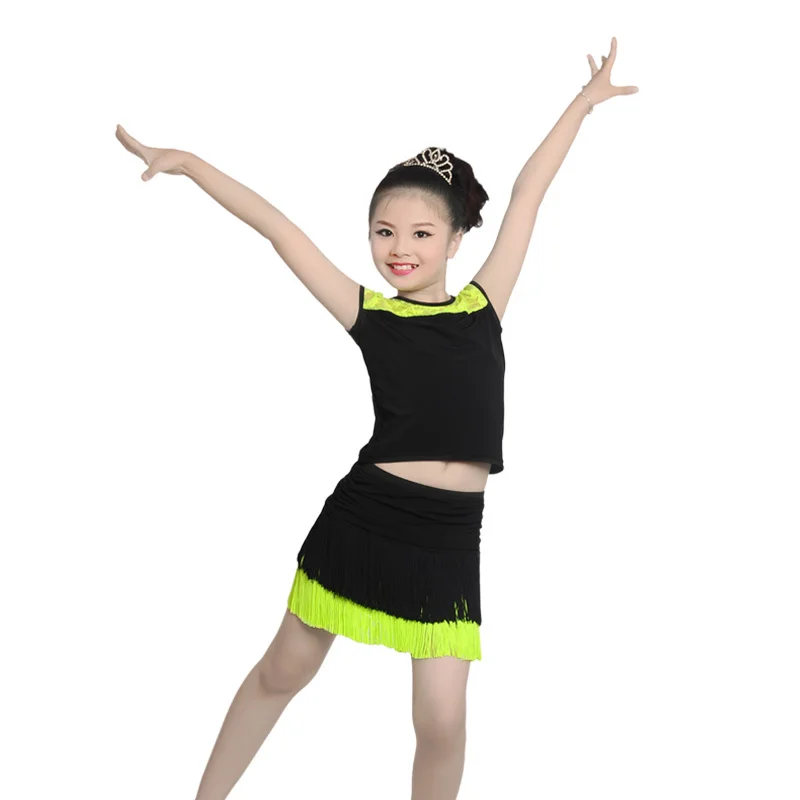 Детские костюмы для латиноамериканских танцев с кружевом и юбкой бахромой