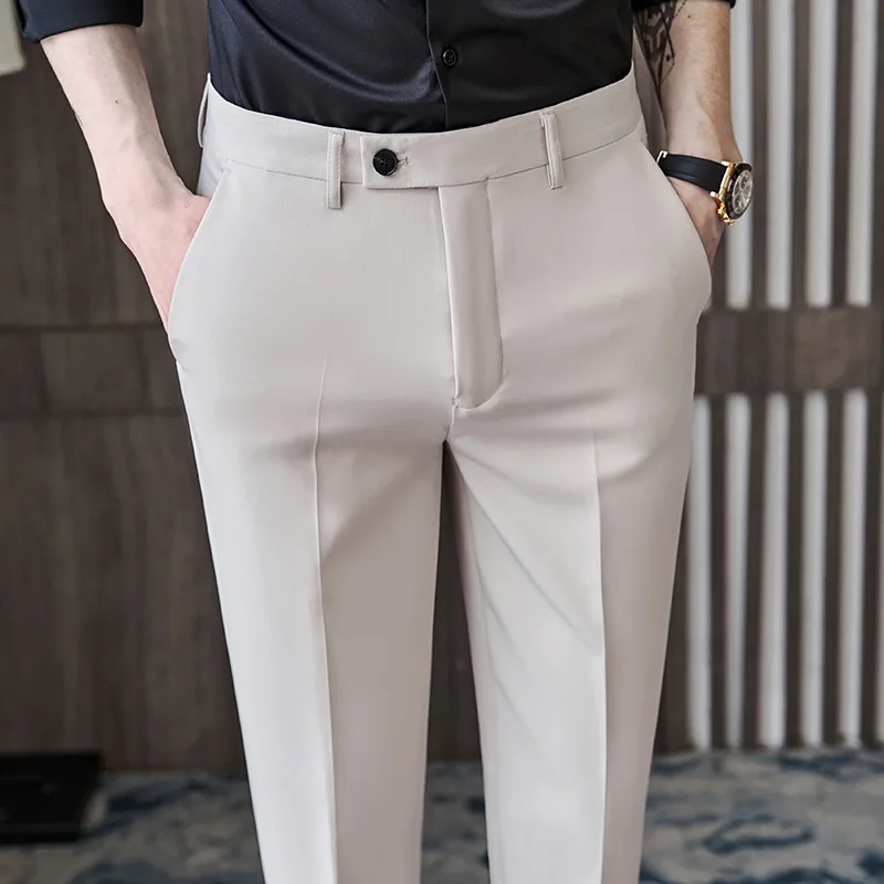 

British Style Autumn New Solid High Quality Dress Pant Men Slim Fit Casual Office Trousers Formal Social Wedding Party Suit Pant