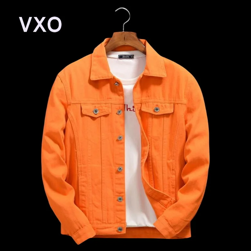 

Men's Spring Autumn Orange Denim Jacket Men's Loose Casual Jacket Top Large-pocket Washed-cotton Jacket