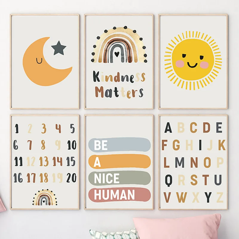 Бохо мультфильм Солнце Радуга Луна алфавит цифры настенная живопись на холсте