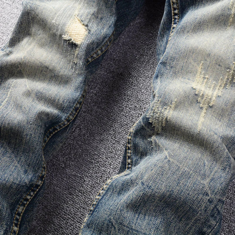 Fashion Vintage Men Jeans Retro Yellow Blue Slim Fit Destroyed Patched Ripped Jeans Men Trousers Designer Denim Pants Hombre