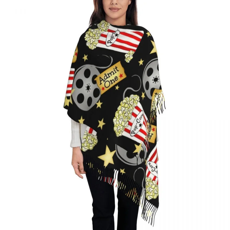 

Personalized Print Vintage VIP Movie Night Pop Corn Scarf Women Men Winter Fall Warm Scarves Camera Popcorn Shawls Wraps