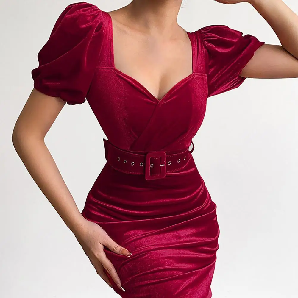 

Soft Texture Beautiful Party Elegant Puff Sleeve Dress Waist Tight Women Dress Cross Wrap Streetwear