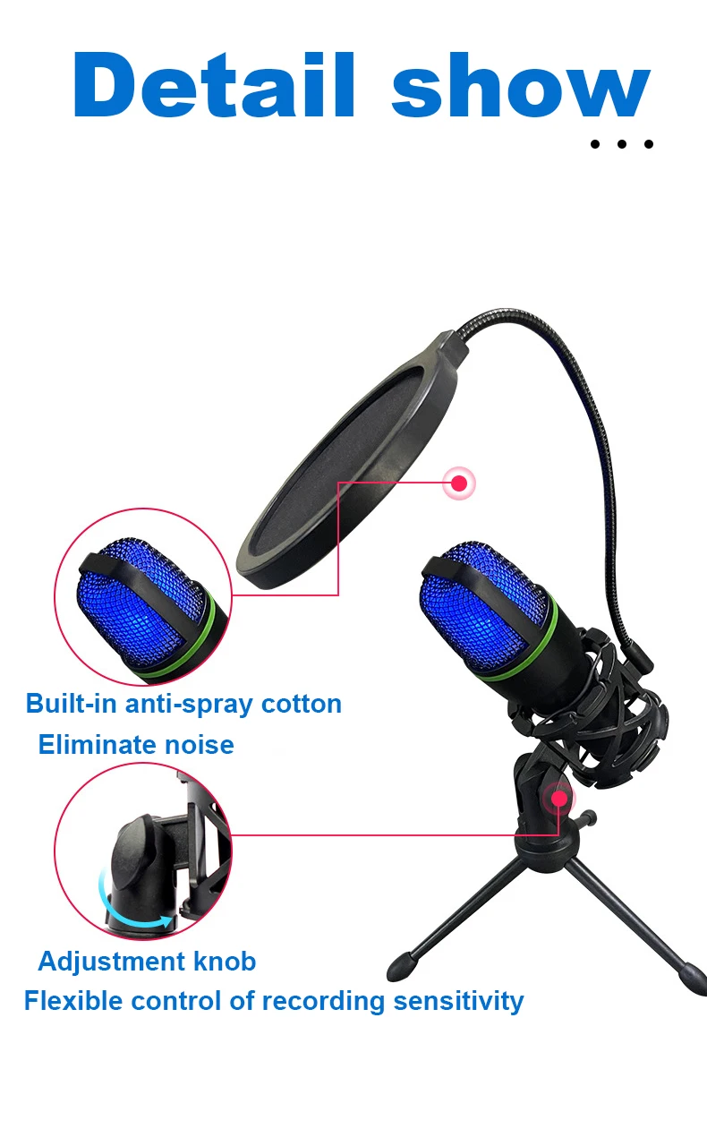 

RGB Condenser Microphone Wired Desktop Tripod USB MIC For Recording Live Gaming Video Noise Reduction Conference Microphone