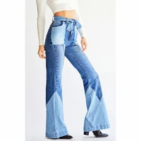 womens casual jeans fashion retro high waist two color stitching belt multi pocket design beautiful denim flared pants 2021