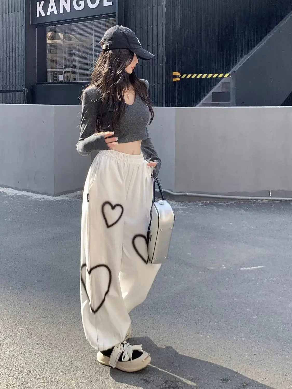 Heart Printing Sweatpants Women Loose Straight Joggers High Waist Wide Leg Pants Oversize Streetwear Korean Y2k Hip Hop Trousers