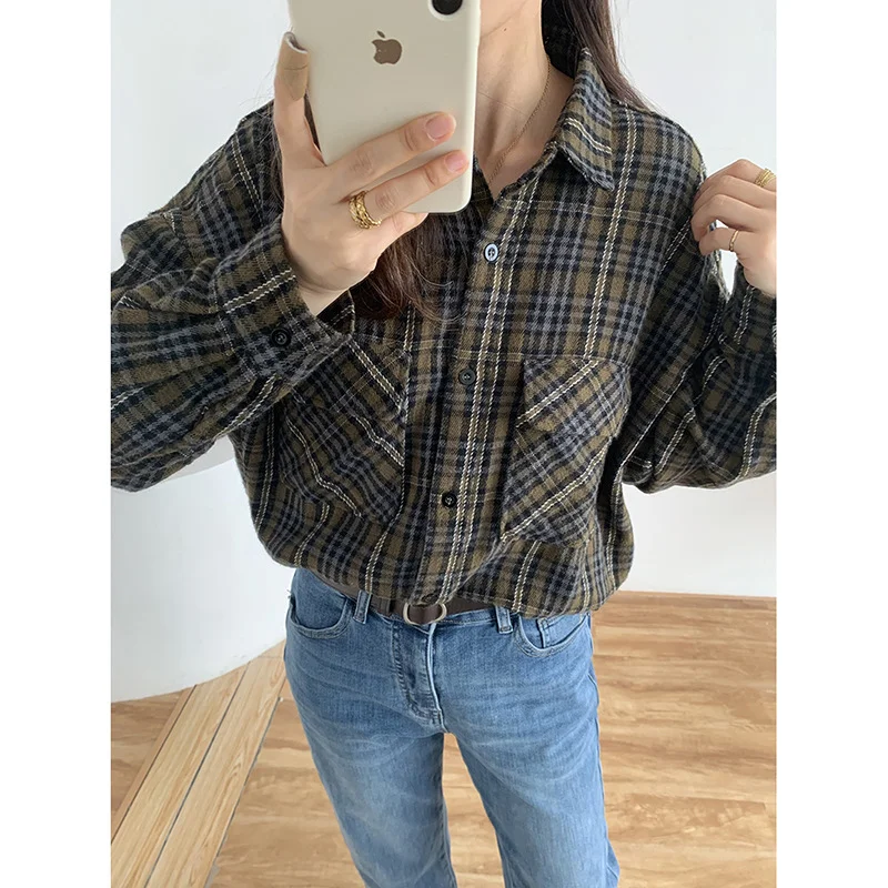 Navy Blue Plaid Blazer Suit Women Casual Cardigan Style Shirt Blazer Office 2023 New Street Fashion Single Commute Suit Breasted