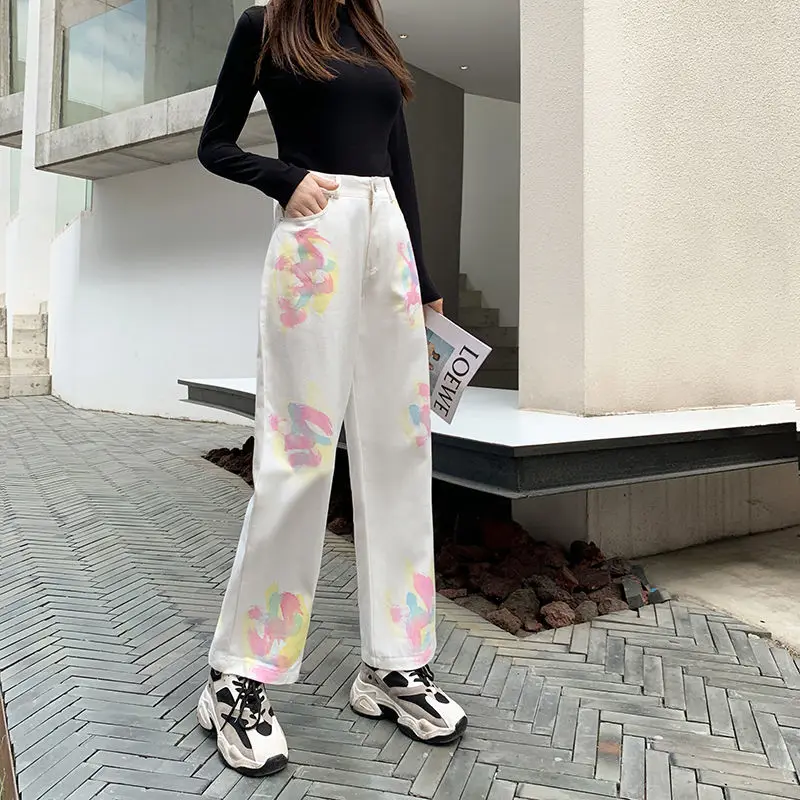 

White Denim Jeans Cowboy Pants for Women Straight Trend Vintage High Waisted Tie Dye Korean Loose Fashion Printed Y2K New E134