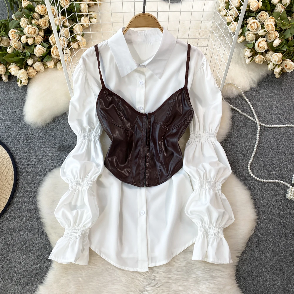 

Clothland Women Vintage Blouse Suit Basic White Shirt PU Vest Two Piece Set Female Fashion Shirt Tops Blusa LA849