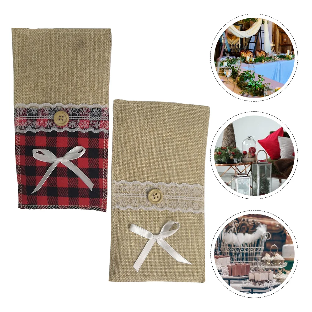 

2Pcs Christmas Tableware Holder Linen Plaid Silverware Storage Bag Party Favor