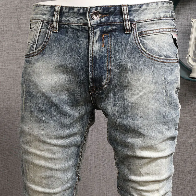 Fashion Designer Men Jeans High Quality Retro Washed Blue Elastic Stretch Slim Fit Ripped Jeans Men Vintage Denim Pants Hombre