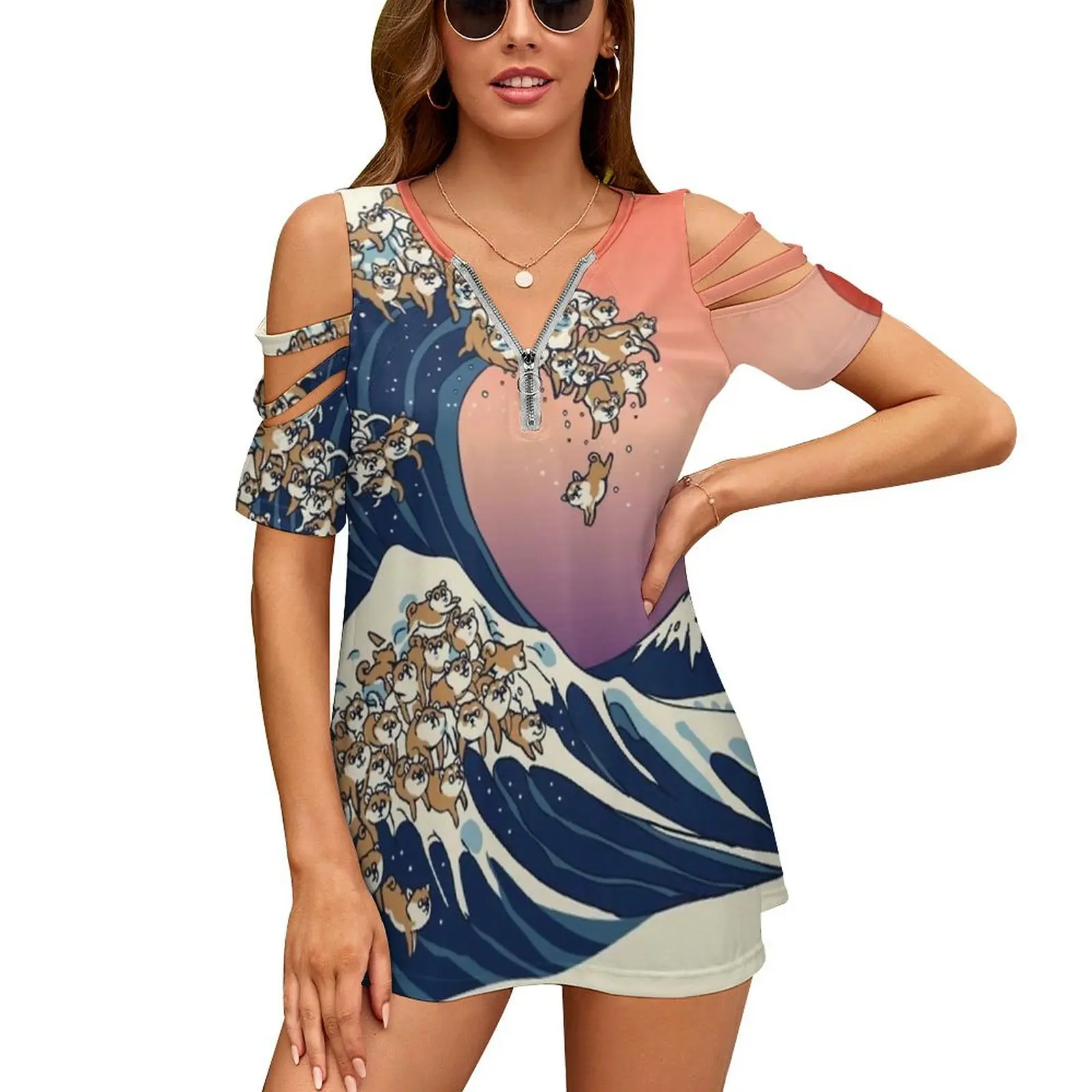 

Женская рубашка с коротким рукавом, топ на молнии с открытыми плечами, Сиба-ину, волнистый океан, в японском винтажном стиле