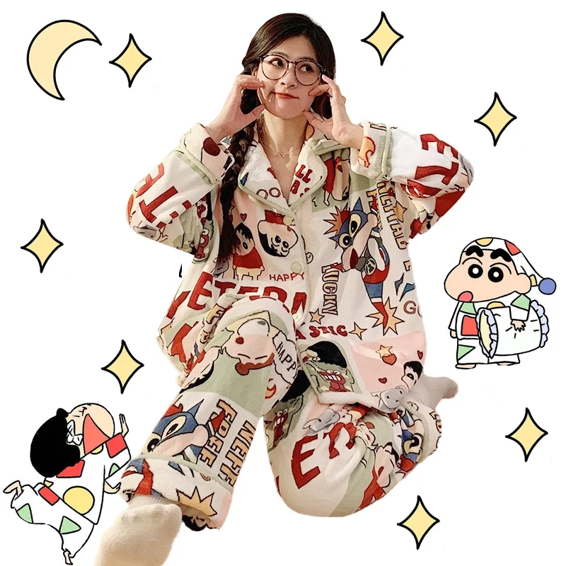 

Kawaii Crayon Shin Chan пижамы мультфильм Sanrios Hellokitty весна осень одежда для сна удобный мягкий коралловый бархатный домашний костюм