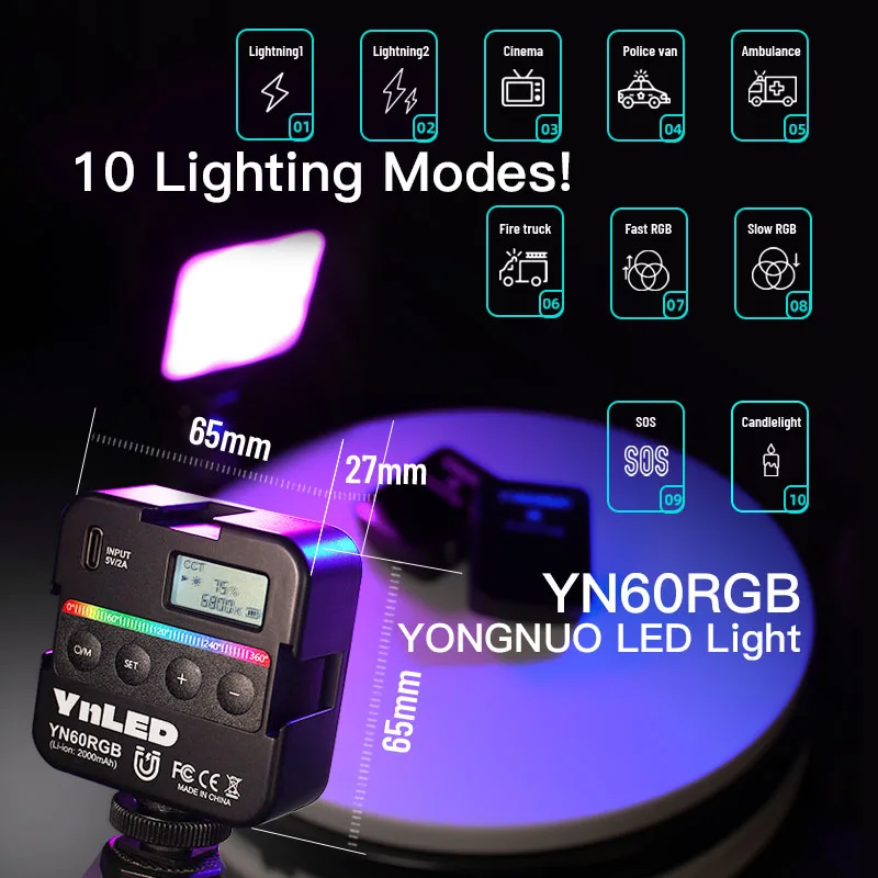 Фото YONGNUO YN60RGB Pocket RGB Video Light 2500K-9500K Adjustable Small Portable LED Video Fill Light With 1/4 Screw Cold Shoe Seat №1