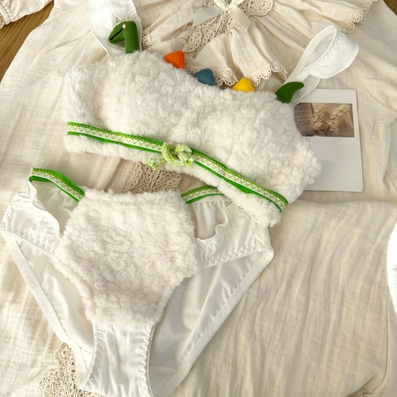 95AB женский милый маленький динозавр 2 шт. флисовый плюшевый бюстгальтер и трусики