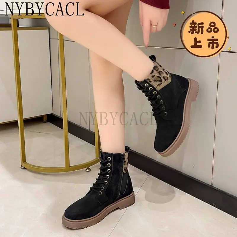 2023 New  Boots Women Suede Leather Women's Boots Mid-heel Flat Short Boots Winter Autumer Fashion Boots Leopard print border