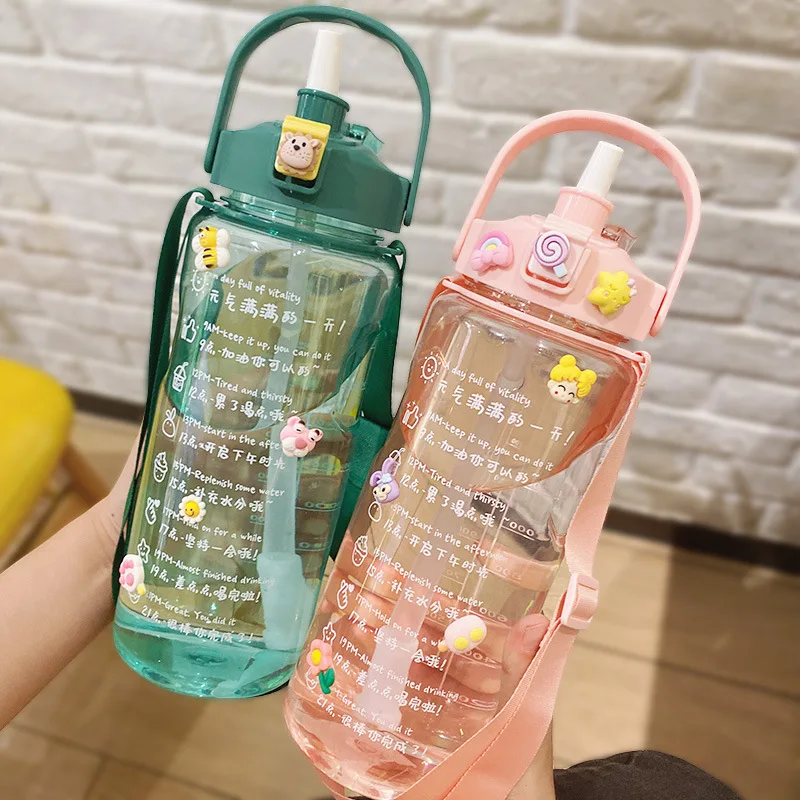 

Girl Fitness Jugs Large Capacity Mug Summer Outdoor Travel Cup Sports Gym Drinking Tumbler 1.5/2L Water Bottle With Time Marker