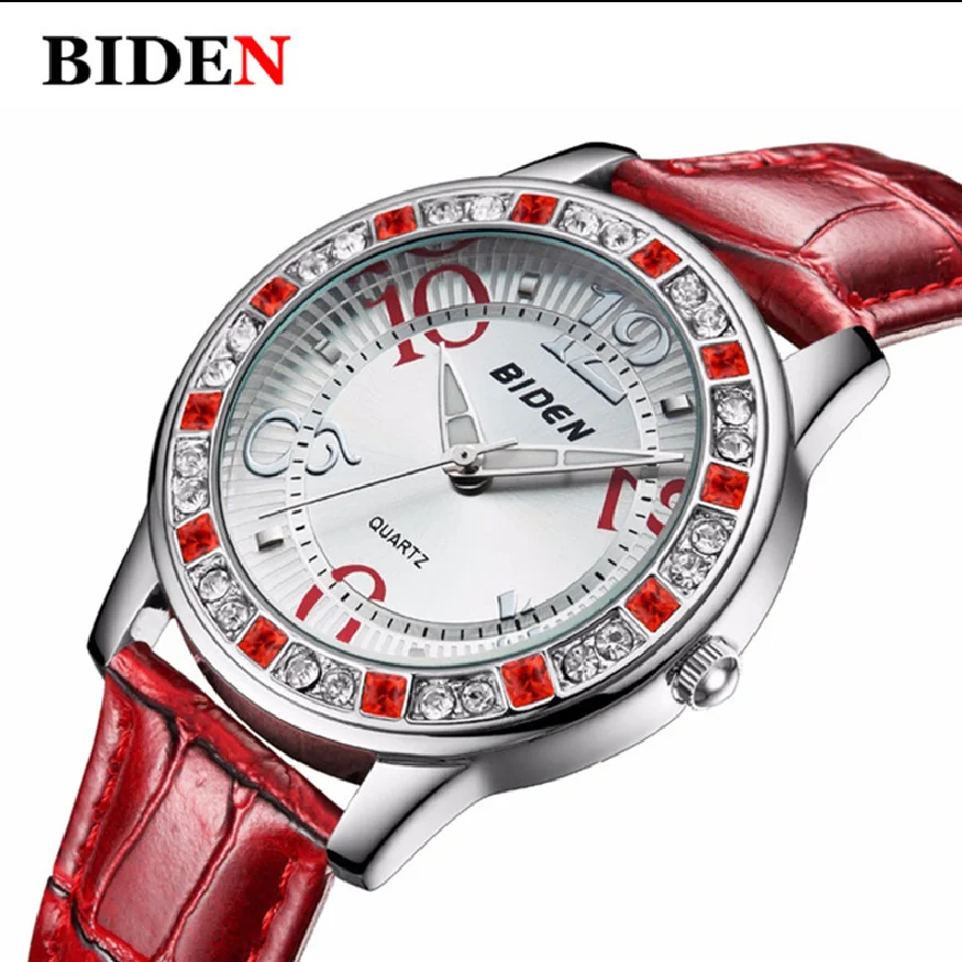 BIDEN Women Quartz Watch Ladies Girls Diamond Dress Wristwatch Genuine Leather Band Waterproof Female Clocks Relogio Feminino