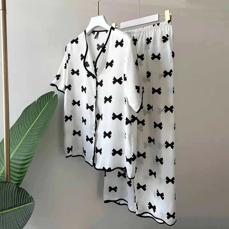 Ice Silk Pajamas Bow Print Lapel Pyjamas Sexy Lingerie Women's Home Clothes Sleepwear 2-piece Set Pajamas for Women